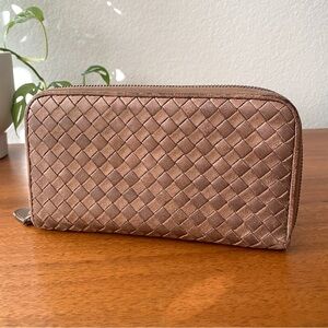 Bottega Veneta Intrecciato Zip Around Long Wallet Bronze Brown Metallic Leather